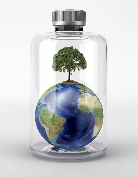 Planet Earth with a tree on top, inside a glass bottle