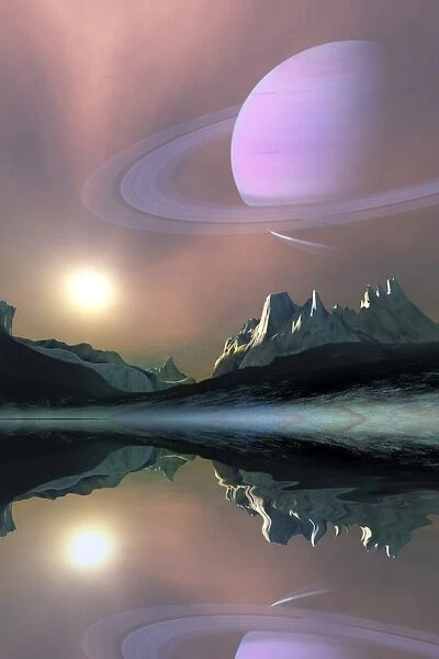 The planet Saturn lights up the sky of one of its moons called Titan