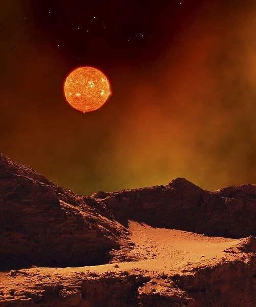 A rugged planet landscape dimly lit by a distant red star