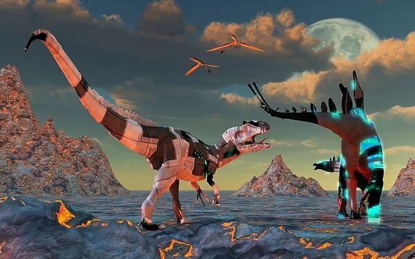 Sci-fi scene of Allosaurus and Stegosaurus dinobots about to battle