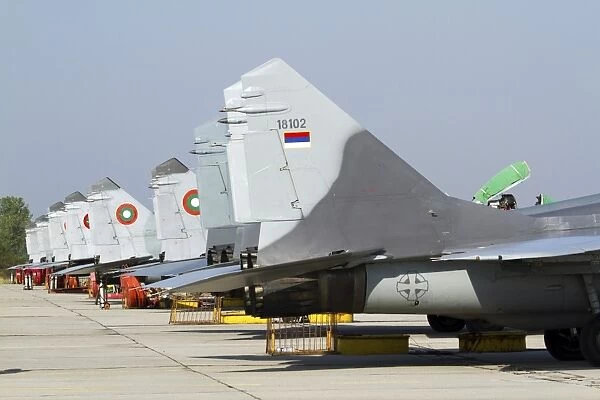 Serbian and Bulgarian MiG-29s parked at Graf Ignatievo Air Base
