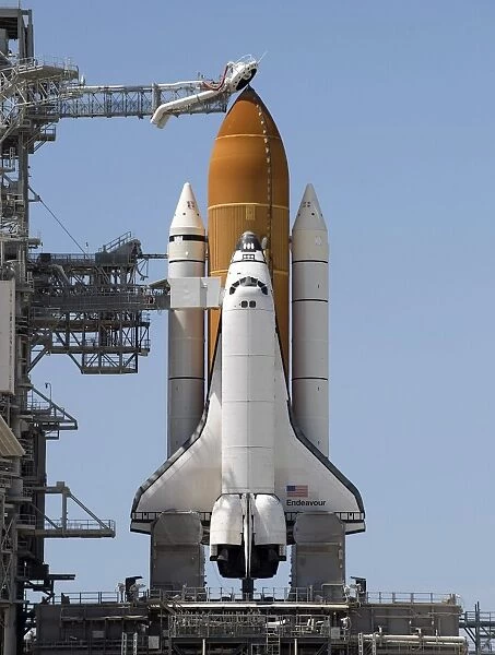 Space Shuttle Endeavour sits ready on the launch pad at Kennedy Space Center