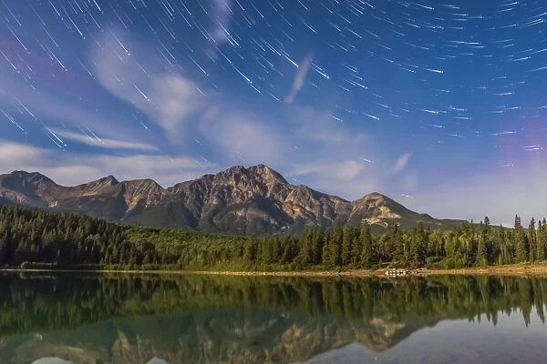 Star trails over Patricia Lake and Pyramid Mountain in Jasper National Park, Alberta