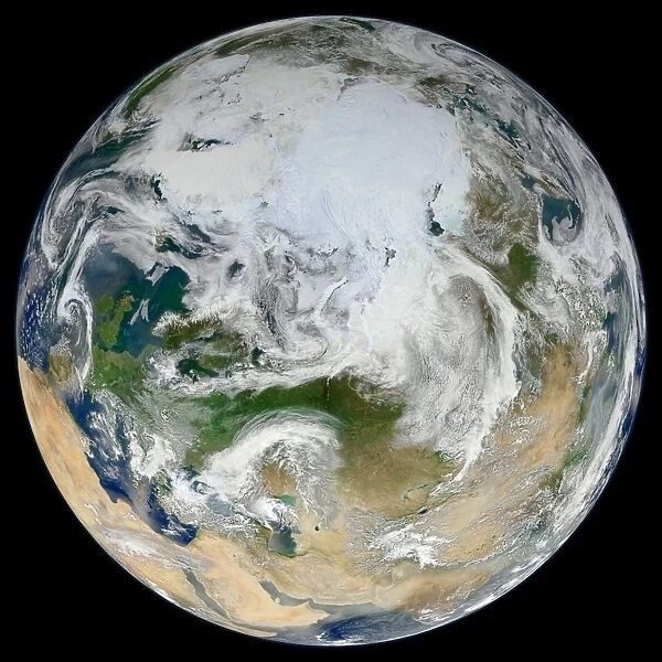 A synthesized view of Earth showing the Arctic, Europe and Asia