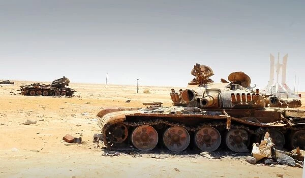 A T-80 tank destroyed by NATO forces in the desert north of Ajadabiya, Libya