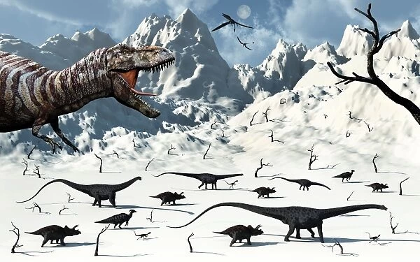 A Tyrannosaurus Rex stalks a mixed herd of herbivorous dinosurs