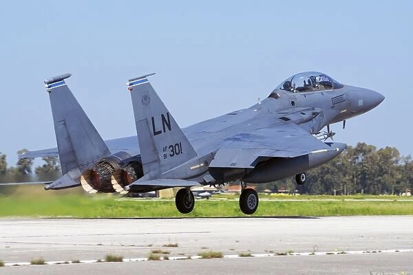 A U. S. Air Forces in Europe F-15E Strike Eagle taking off from Andravida, Greece