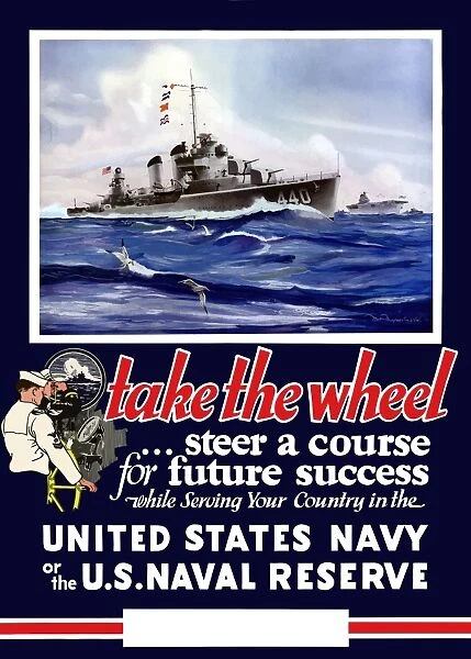 Vintage World War II Navy poster of U. S. warships on the sea