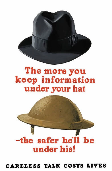Vintage World War II poster featuring a fedora and an Army helmet