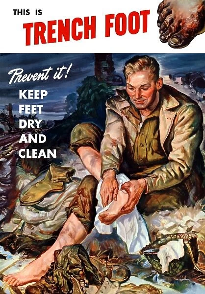 Vintage World War II poster of a soldier on the battlefield changing his socks