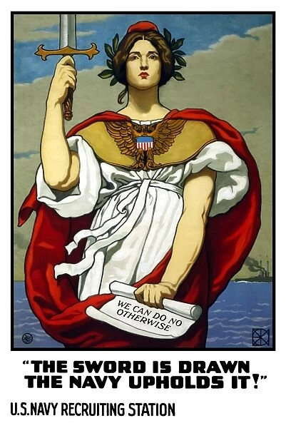 Vintage World War One poster of Lady Liberty holding a sword and a scroll