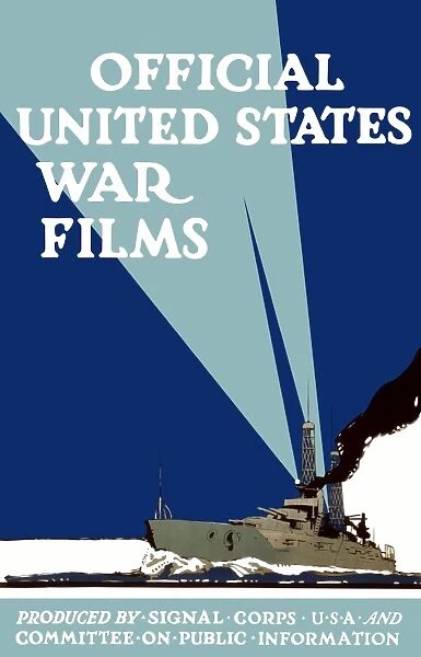 World War I propaganda poster of a navy ship shining itas searchlights