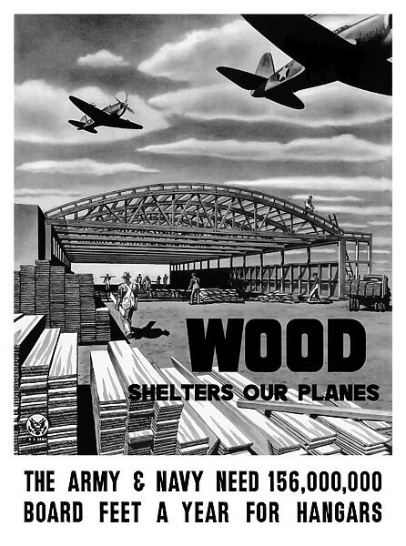 World War II poster of an aircraft hangar being built as planes fly overhead