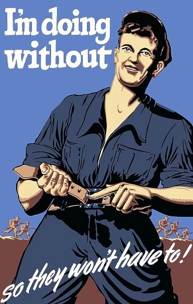 World War II propaganda poster featuring a man tightening his belt