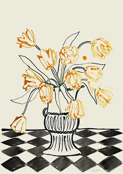 Orange Tulips In a Vase with Checkered Diamonds