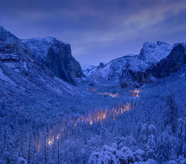 Traffic in Yosemite Valley during blue hour