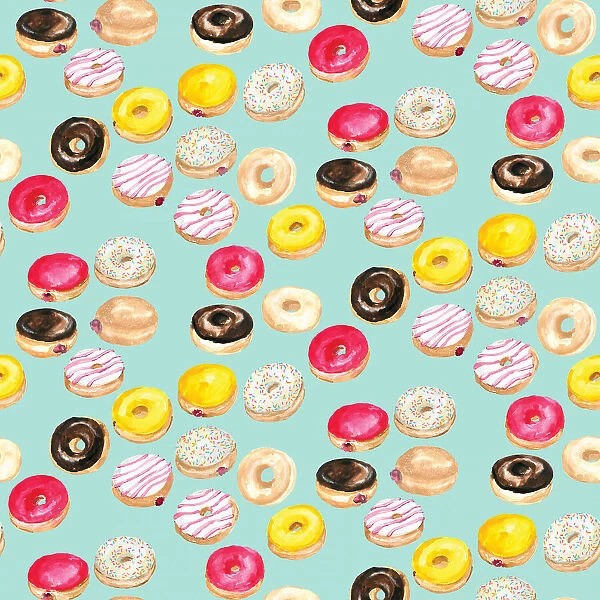 Watercolor donuts pattern in aqua