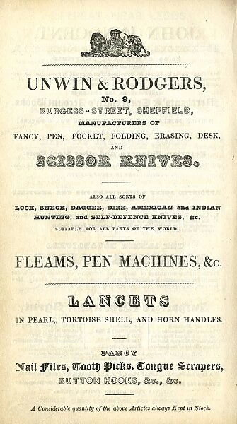 Advertisement for Unwin and Rodgers, Knife Manufacturers, etc. 9 Burgess Street, 1837