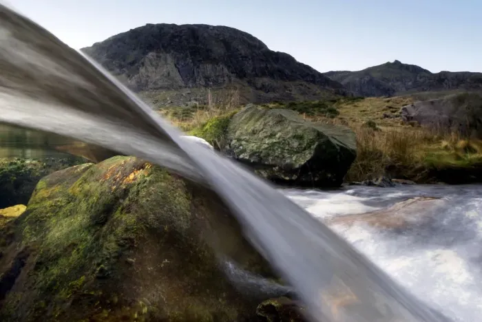Framed Print : A split-level print of a small waterfall in Llanberis, Snowdonia Framed Print : A split-level print of a small waterfall in Llanberis, Snowdonia