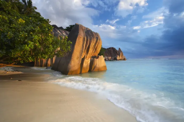 Framed Print : Dramatic Evening Sky Print, Anse Source d'Argent, La Digue