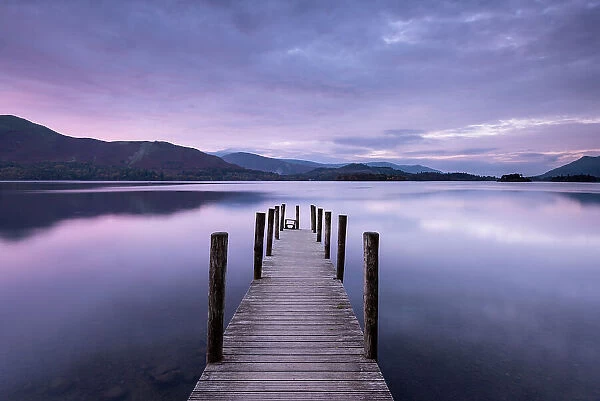 Ashness launch / jetty, Ashness, sunset, Derwent Water, The Lake District, Cumbria, UK. October 2016