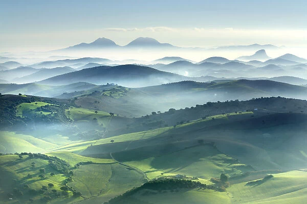 View of fields and mountains in the mist at dawn, Montellano, Seville, Spain