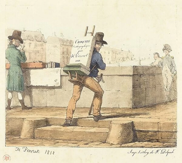 Artist Carrying Easel with a Lithographic Stone, 1818. Creator: Emile Jean-Horace Vernet