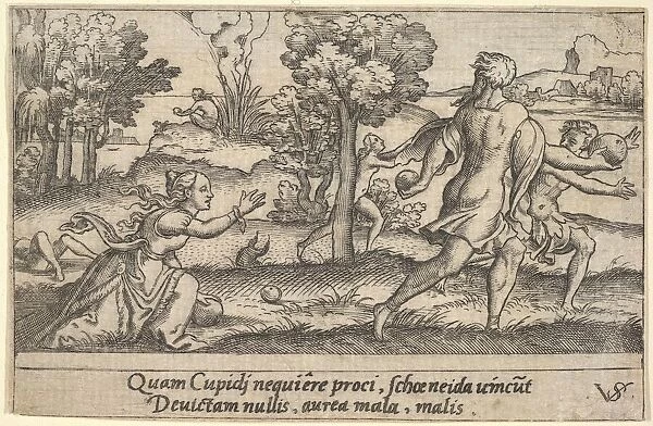Atalanta and Hippomenes, in the foreground Atalanta kneeling to pick up an apple an