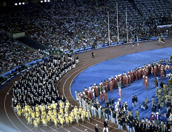 Athletes parade during the opening ceremony of the 1992 Barcelona Olympic Games