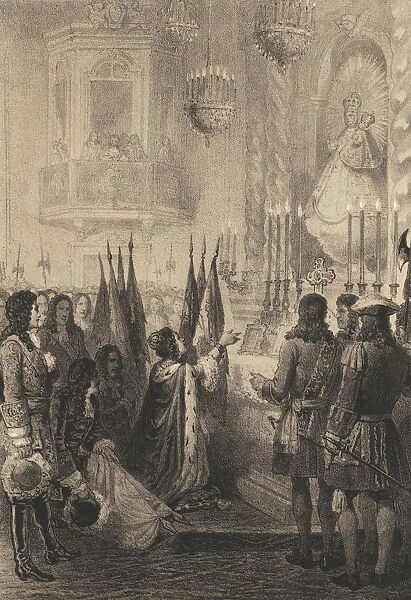 Austrian Flags offered to the Virgin of Atocha by Queen Mary, engraving, 1870