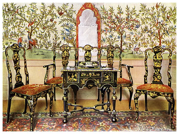 Black lacquer settee, chairs and table and red lacquer mirror, 1910. Artist: Edwin Foley
