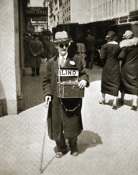 Blind man begging, Great Depression, New York, USA, 1933