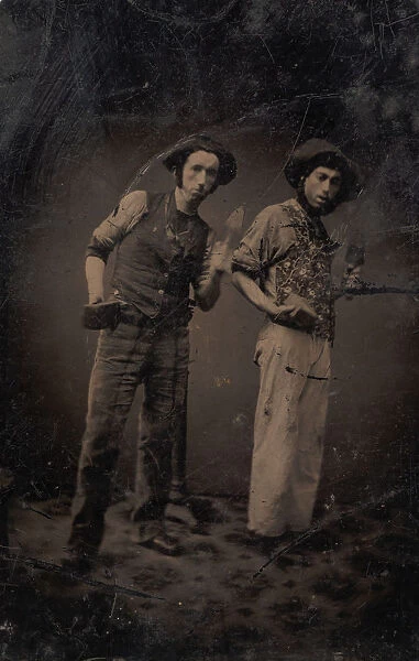 Two Bricklayers Holding Bricks and Trowels, 1870s-80s. Creator: Unknown