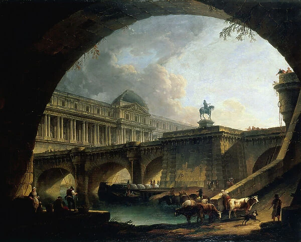 Caprice architectural : un palais inspiré du Louvre et le Pont-Neuf s'encadrant dans... c1775. Creator: Pierre-Antoine Demachy