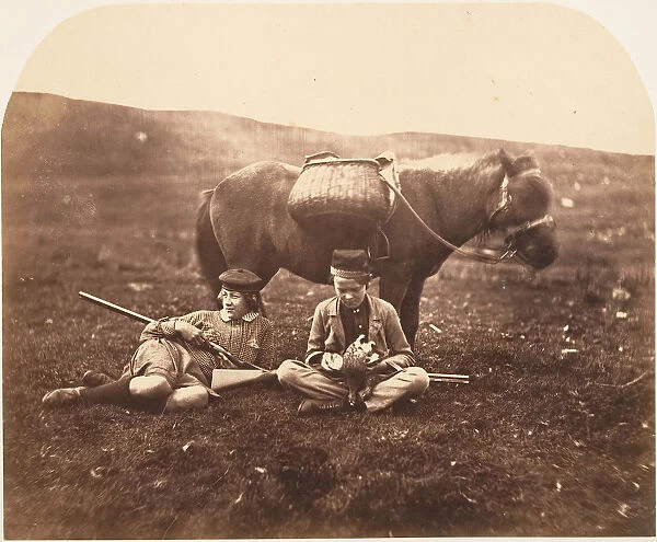 Charlie and Peel Ross with Horse after a Hunt, ca. 1856-59. Creator: Horatio Ross
