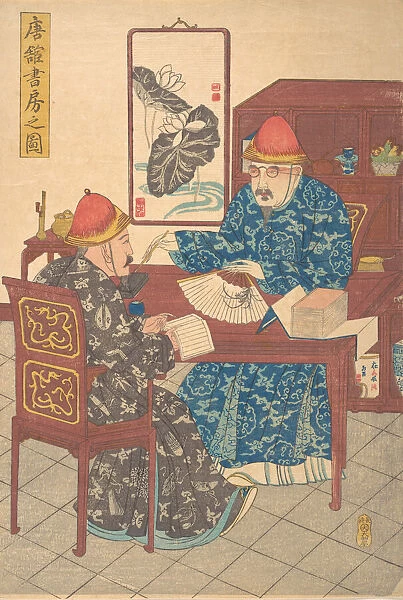 Two Chinese Scholars Practicing Calligraphy in Their Studio, ca. 1840., Creator: Unknown