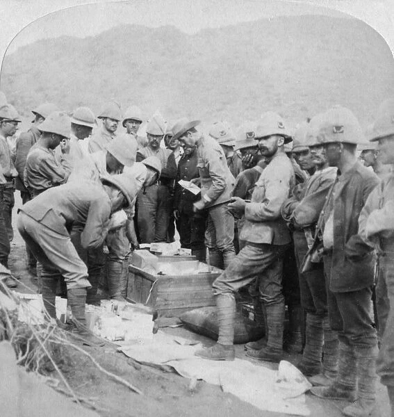 Christmas presents from home, to the troops with Methuen at Modder River, South Africa, 1900. Artist: Underwood & Underwood