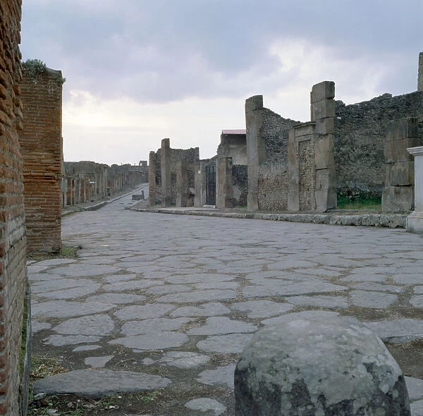 A cobblestone Roman road in Pompeii, Italy