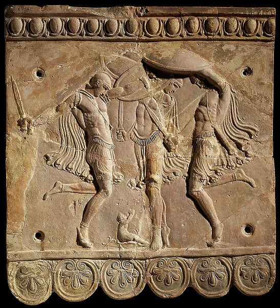 Corybantian dance. Terracotta Campana relief: three Curetes with swords and shields... 50 BC-100. Creator: Classical Antiquities