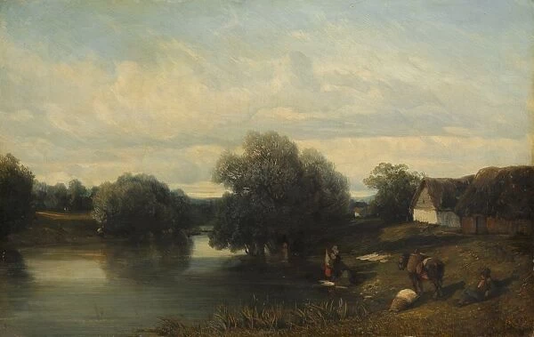 Cottage by the River with Washerwomen, 1835. Creator: Camille Flers (French, 1802-1868)