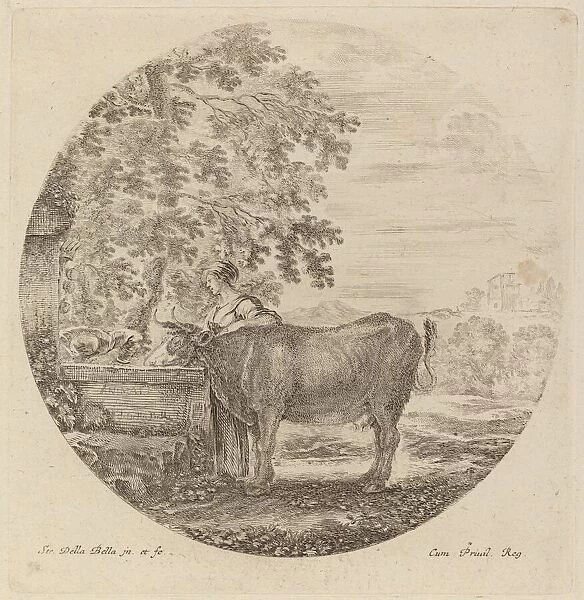 Cow and Young Shepherd at a Fountain. Creator: Stefano della Bella