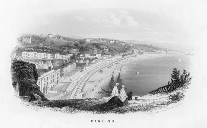 Framed Print : Print of Dawlish, Devon landscape featuring a railway track Framed Print : Print of Dawlish, Devon landscape featuring a railway track