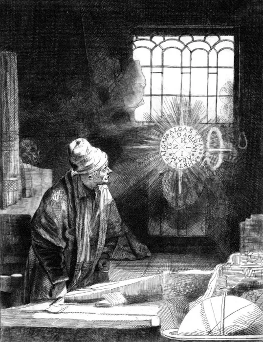 Framed Print : Print of Dr Faustus in his Study, Engraving after Rembrandt Framed Print : Print of Dr Faustus in his Study, Engraving after Rembrandt