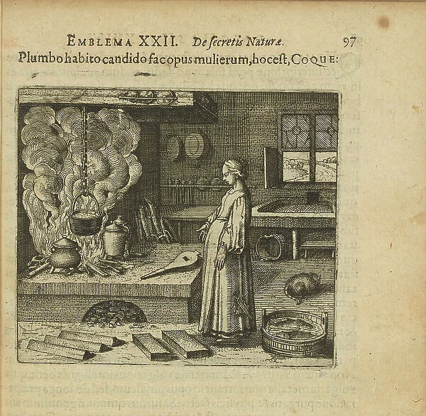 Emblem 22. If you have the white lead, do the woman's work, that is, cooking, 1618. Creator: Merian, Matthäus, the Elder (1593-1650)