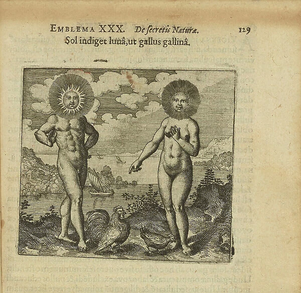 Emblem 30. The sun needs the moon, like the rooster needs the hens, 1618. Creator: Merian, Matthäus, the Elder (1593-1650)