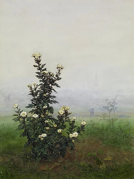 Feverfew in front of a Landscape, Issy-les-Moulineaux (?), 1863. Creator: Leon Bonvin