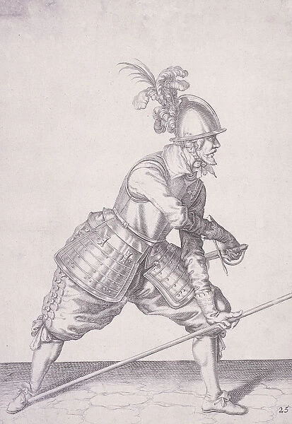 Figure in military clothing holding a pike in one hand and a sword in the other, 1607
