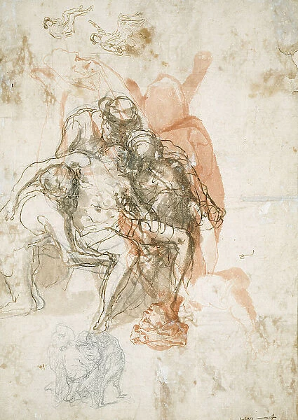 Three Figures Supporting a Man, Smaller Sketch of the Same, and Studies for the... c.1558. Creator: Taddeo Zuccaro