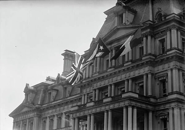 Flags - British And French Flags On State Department. Visit of Allied Commission, 1917. Creator: Harris & Ewing. Flags - British And French Flags On State Department. Visit of Allied Commission, 1917. Creator: Harris & Ewing