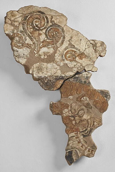 Fragment of a mural with a three-eyed demon with skulls in their hair, 8th-9th century. Creator: Sogdian Art